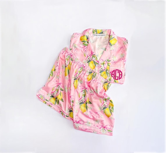 soft personalized pajamas, lemon print sleepwear, cozy sleep set, soft stretchy pajamas, pink floral pjs, floral lounge set, trendy pink pjs