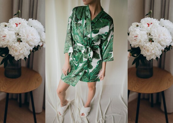 satin tropical robe, bridesmaid robe, hawaiian robe, bridal party robes, banana leaf robe, beach wedding robe, destination wedding robes,