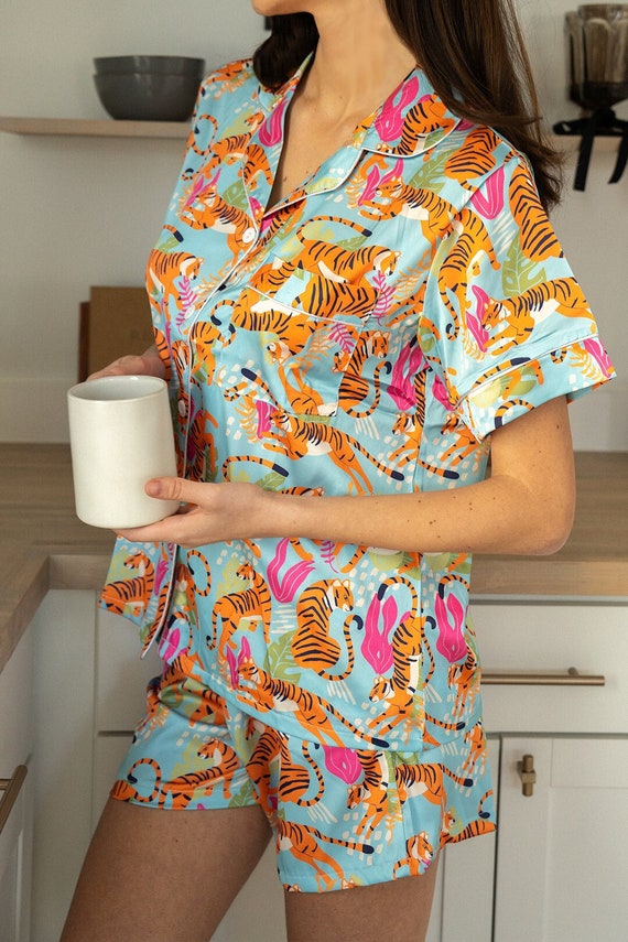 jungle print pajamas, safari pajamas, tiger print pajamas, pattern pajamas, bride, birthday girl, monogram pajamas, animal print pajamas