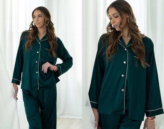 Luxury Satin Pajamas, Long Sleeve Pants Set, Wedding Day Sleepwear, Dark Green PJs, Emerald Green Pajamas, Bridal Party Sets, Sleepwear Gift