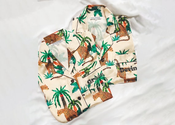 cheetah pajamas, animal print pajamas, palm tree pajamas, pattern pajamas, bride, slumber party, monogram pajamas, animal print pajamas
