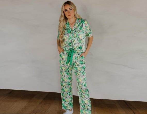 Pickleball Pajama Set, Sporty Sleepwear for Women, Pickleball Pajamas, Satin Lounge Set, Women’s Satin Pickleball Pajama Pants Set, Sporty