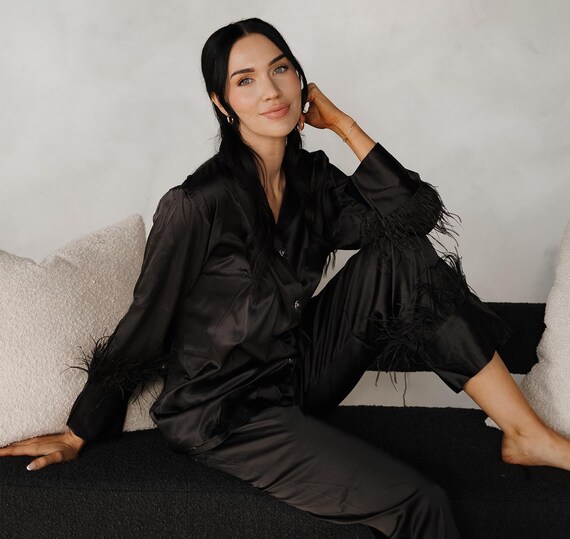 Satin Sleepwear for Women | chic sleepwear | Black Feather Pajama Set| Cozy Pajamas | Perfect cozy Gift for her | Glamorous Sleep Set | Cozy
