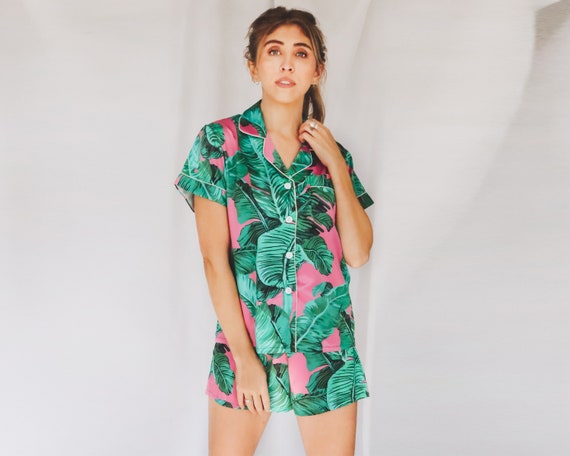 pink palm leaf pajamas, banana leaf, monogram pajamas, wedding pajamas, custom satin pajamas, staycation pajamas, bridesmaid proposal, pink