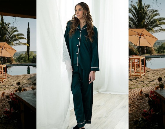 Forest Green Satin Pajamas, Wedding Morning PJs, Luxurious Matching Sleepwear, Forest Green Satin Pajamas, Getting Ready PJs, Dark Green PJs