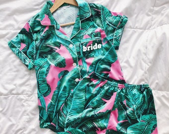 banana leaf pajamas, custom pajamas, monogram pajamas, wedding pajamas, bridesmaid pajamas, pink  palm leaf pajamas, tropical pajamas