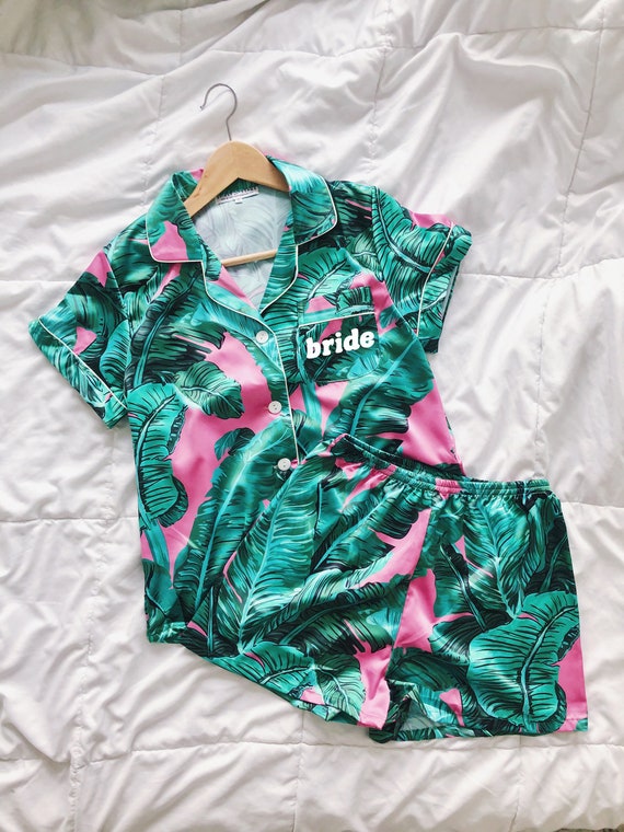 Luxury Tropical Satin Pajama Set - Tropical Beach Loungewear - Palm Leaf Set - Resort Lounge Set - Tropical Palm Print - Satin Resort Wear