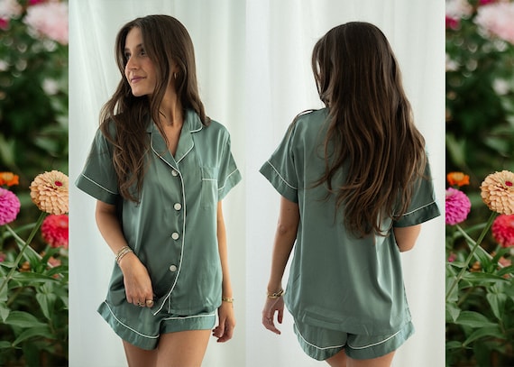 eucalyptus pajamas, custom green pajamas, satin pajamas, pajamas, bridesmaid, bride, birthday pajamas, monogram, women's custom text pajamas