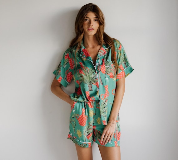 island inspired pajamas, silky tropical pajamas, luxe loungewear, satin pajamas, chic pjs, cozy vibes, pajama goals, cozy vibes, homewares