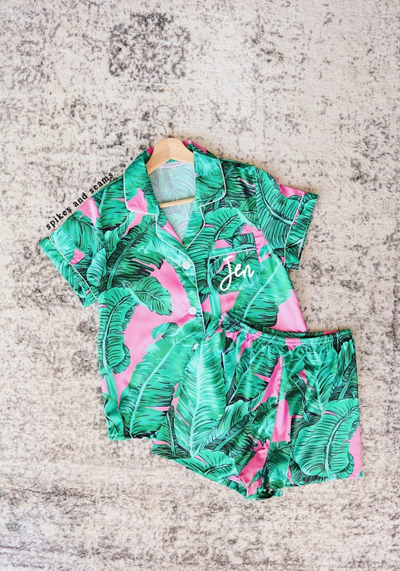 pink palm leaf pajamas, banana leaf pajamas, monogram pajamas, bridal party pajamas, bridesmaid pajamas, wedding pajamas, pink pajamas, pjs