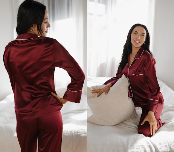 Satin Pajama Set in Wine – Soft, Stretchy, and Perfect for Relaxing - Dark Wine Satin Pajamas - Soft Sleepwear for Women - Cozy Pajamas