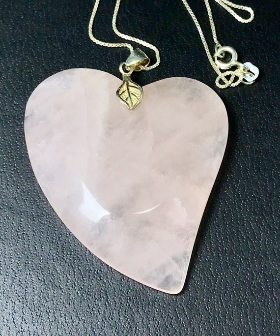 Large Rose Quartz Heart Silver Bail And Snake Chain Necklace - Large Rose Quartz Heart Pendant Large Rose Quartz Heart Silver Bail And Snake Chain Necklace - Large Rose Quartz Heart Pendant