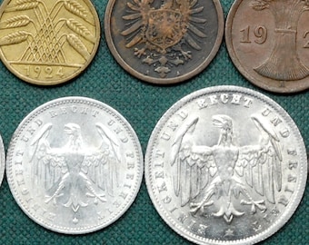 Germany Dated 1875-1924, 10 Coin Set, Sized Like Pennies to Half Dollars