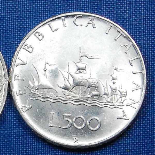 1961 Italy, Silver 500 Lire - Columbus's Ships - Nina, Pinta, Santa Maria - Uncirculated