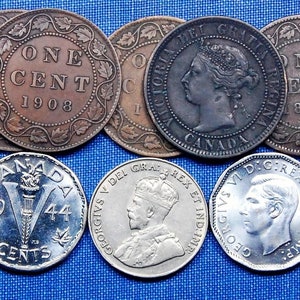 75+ Years Old:   Canada - 20 Old Coins - Each Set Dated Late 1800&#39;s to 1940&#39;s + Two Old Foreign Banknotes Free