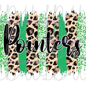 May include: A graphic design featuring the word "Pointers" in a black script font. The design includes vertical brushstrokes of leopard print, green, and green speckled patterns on a white background.