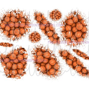 May include: Basketball-themed sublimation designs featuring clusters of orange basketballs with black lines, arranged in various shapes and sizes. The designs are surrounded by a white splatter effect, perfect for sports-related crafts.