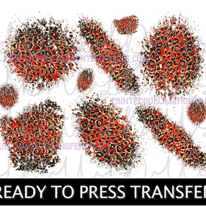 May include: A collection of ready-to-press transfer designs featuring a red and black leopard print pattern. The designs include various shapes, such as circles and elongated ovals, with a distressed, textured effect. The text "READY TO PRESS TRANSFER" is at the bottom.