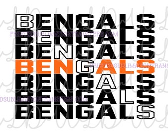 Op de afbeelding: Grafisch ontwerp met het woord "BENGALS" verticaal gestapeld in een herhalend patroon. Het woord is voornamelijk in zwart en wit, met één instantie in oranje. Het ontwerp staat op een witte achtergrond.