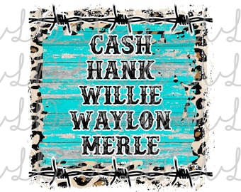 Cash Hank Willie Waylon Merle PNG Diseño digital para pantallas o sublimación *Descarga instantánea*, Tobogán de agua, Azul/Leopardo, Música Country