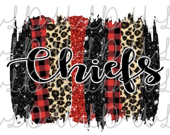 Op de afbeelding: Een digitaal ontwerp met het woord "Chiefs" in zwarte schrijfletters op een achtergrond van rood en zwart buffalo plaid, luipaardprint en rode glitter.