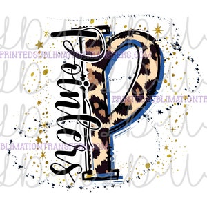 May include: A sublimation design featuring a large letter "P" with a leopard print pattern and blue accents. The word "Summer" is written vertically in a script font. Gold stars and splatters complete the design.