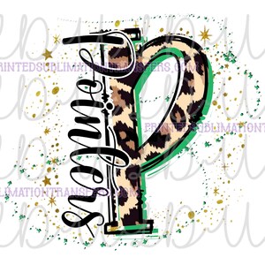 May include: A graphic design featuring the word "Sweet" vertically stacked on a large letter "P". The "P" has a leopard print pattern with green and black accents. Gold and green speckles and stars surround the letter.