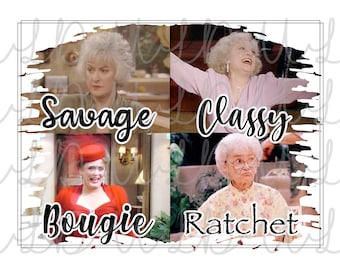 May include: A collage of four images of a woman with different expressions and poses. The images are labeled with the words "Savage", "Classy", "Bougie", and "Ratchet".
