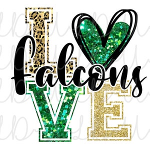 LOVE Falcons PNG Digital Design for Screens or Sublimation *Instant Download*, green/gold glitter, leopard