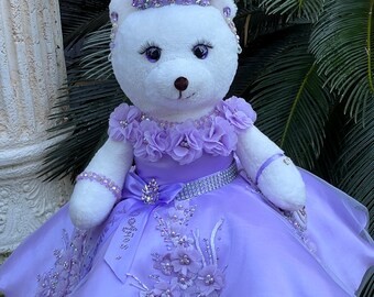 Handmade Princess Teddy Bear Quinceanera Keepsake Decor,The lilac color of the dress
