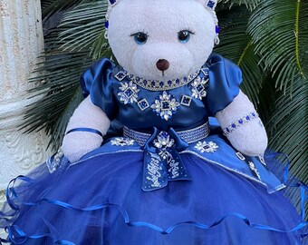 Handmade Princess Teddy Bear Quinceanera Keepsake Decor,The blue color of the dress