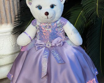 Handmade Princess Teddy Bear Quinceanera Keepsake Decor The lilac-pink color of the dress