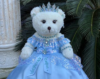 Handmade Princess Teddy Bear, Quinceanera Keepsake Decor, OOAK Plush Toy.The blue color of the dress