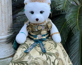 Handmade Princess Teddy Bear Quinceanera Keepsake Decor Gold Brocade Dress