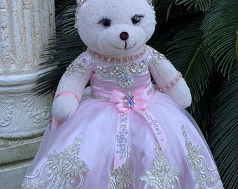 Handmade Princess Teddy Bear Quinceanera Keepsake Decor.The pink color of the dress