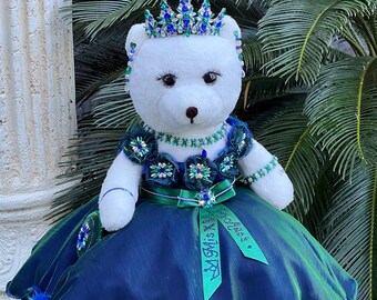 Handmade Princess Teddy Bear Quinceanera Keepsake Decor.Emerald-blue dress