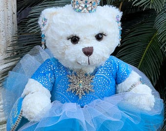 Handmade Princess Teddy Bear, 15th Birthday Quinceanera Keepsake, Blue Dress Decor