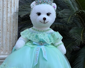 Handmade Princess Teddy Bear Quinceanera Keepsake Decor,Tiffany-colored dress