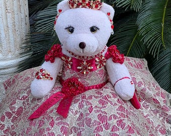 Handmade Princess Teddy Bear Quinceanera Keepsake Decor (24" Tall).The red-and-gold color of the dress