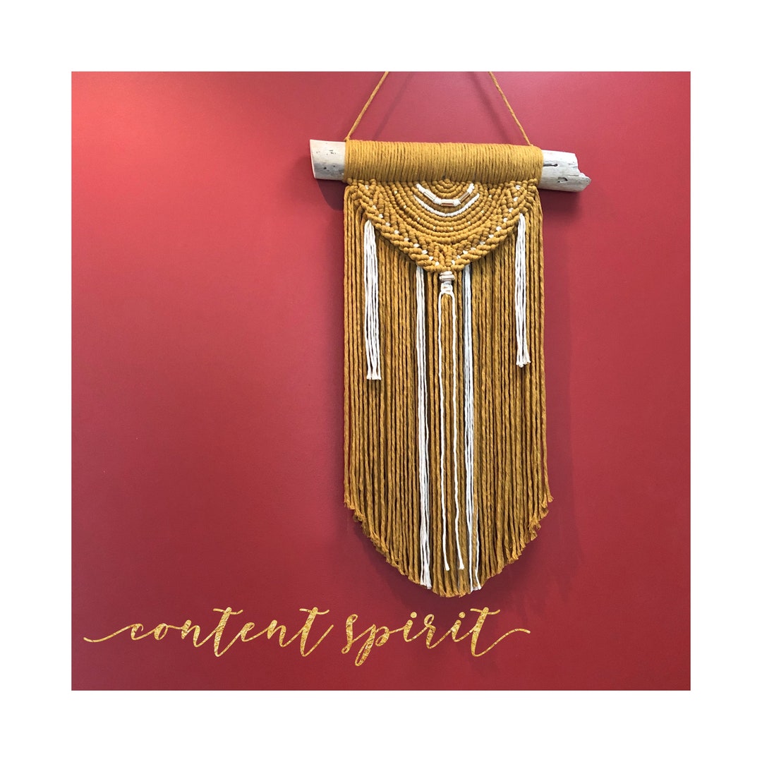 Mustard Yellow Macrame Wall Hanging with Gold Detail Medium Boho Wall
