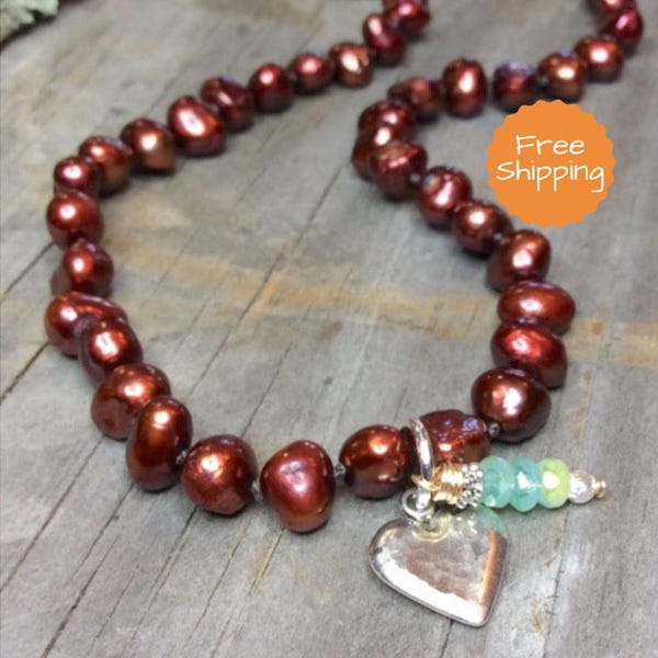 Rustic Red Pearl & Heart Beaded Hipster Necklace, Artisan Hippie Cowgirl Jewelry, Boho Love from SimplybyMoonlight