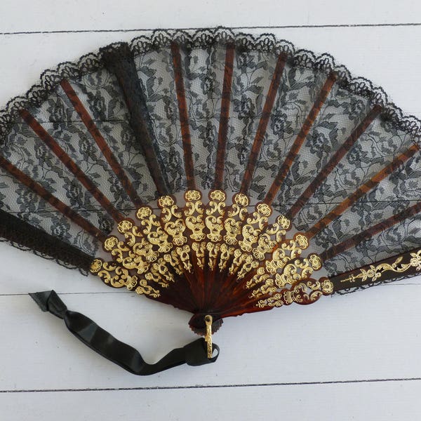 Vintage Spanish Fan, Black and Gold, Spanish Lady's Fan, Giner Abanico, Handcrafted Flamenco Style Fan