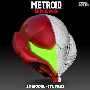 Könnte beinhalten: Ein 3D-Modell eines rot-weißen Helms mit grünem Visier. Der Helm ist eine Nachbildung des Helms, den Samus Aran im Videospiel Metroid Dread trägt. Das Modell ist als STL-Datei zum Download verfügbar.