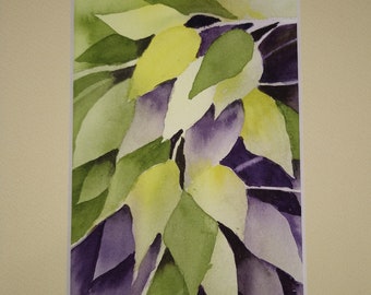 Abstract purple, green, and yellow leaves in watercolor
