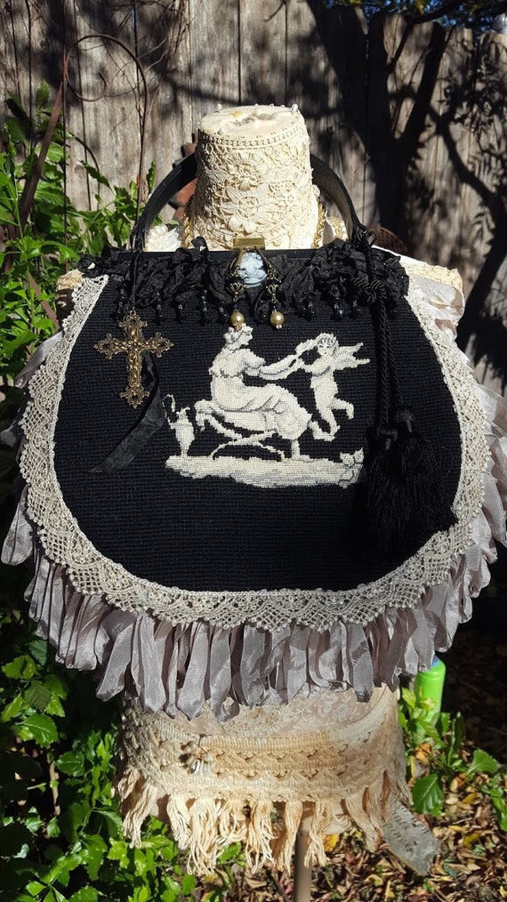 Vintage Black needlepoint embellished handbag