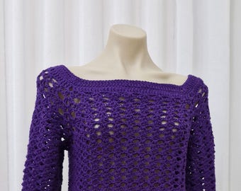Suéter de encaje de ganchillo morado real, jersey de encaje morado, suéter de encaje de ganchillo, suéter morado, suéter de ganchillo hecho a mano.