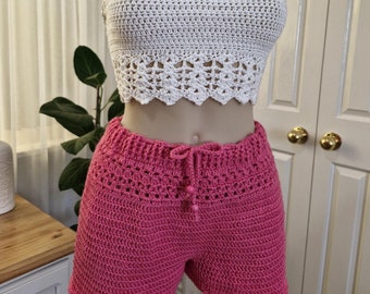 Hot pink crochet shorts, handmade crochet shorts, hot pink shorts, pink shorts, summer shorts, festival wear.