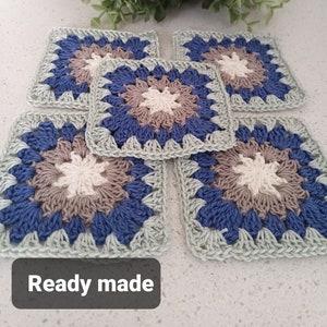 5 cuadrados de algodón starburst Crochet Grandma, cuadrados de abuela de crochet, cuadrados de abuela artesanales, motivos de crochet, cuadrados de abuela azules y verdes