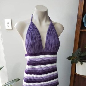 X SMALL Purple & white crochet striped body con dress, bodycon dress , striped mini dress, striped halter top dress