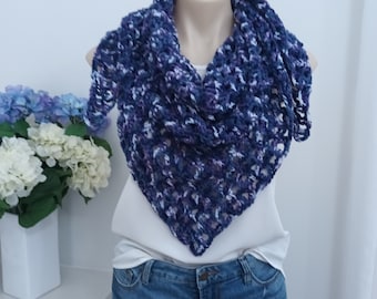 Blue & purple crochet triangle scarf or winter shawl, crochet scarf, winter crochet wrap, crochet cowl, mothers day gift